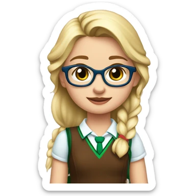 niña rubia, con pelo liso, con ojos azules, con gafas rosas y con uniforme de colegio con falda de cuadros verdes y marron, corona de frozen sticker