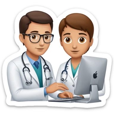 doctor at a computer communicating with a patient sticker