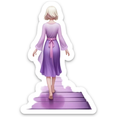 A small figure walks back across a foggy bridge, holding soft pink and purple orbs in each hand—symbolizing compassion and forgiveness. A gentle heart aura trails behind them, showing healing in motion. sticker