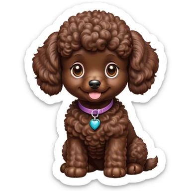 Cinematic Cute Chocolate Poodle Portrait Emoji, Head tilted playfully and inquisitively, showcasing a bouncy, curly chocolate Fur with a healthy sheen, round, sparkling brown eyes filled with curiosity, Simplified yet irresistibly adorable features, highly detailed, glowing with a warm, friendly glow, high shine, affectionate and lively, stylized with a touch of whimsy, bright and endearing, soft glowing outline, capturing the essence of a mischievous yet loving companion, so playful it feels like it could bounce out of the screen and into your arms! sticker
