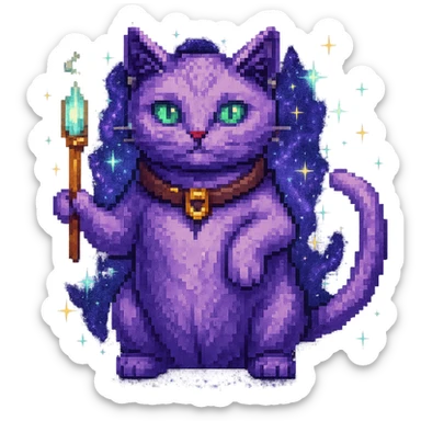 Add sparkles and a magical aura to the purple cat casting a spell in pixel art style, keep the background transparent. sticker