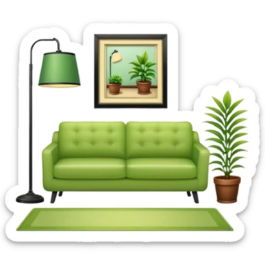 living room in ios emoji style

no TV, and make the couch a light green color

there is a lamp on one side and one plant on the other side. and no picture frame

there is a light colored rug sticker