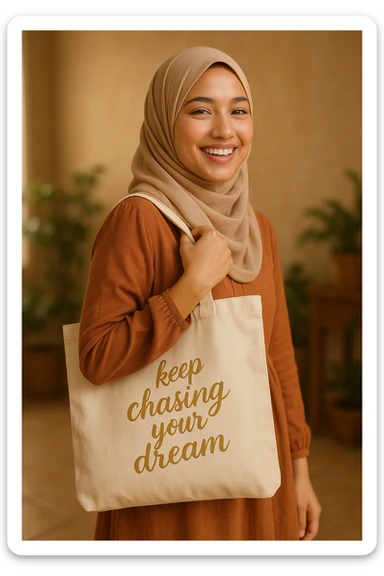 A beautiful hijabi girl, smiling, wearing a tote bag. The tote bag features the text 'keep chasing your dream' in a soft gold color. The overall look is warm, inviting, and uplifting. sticker