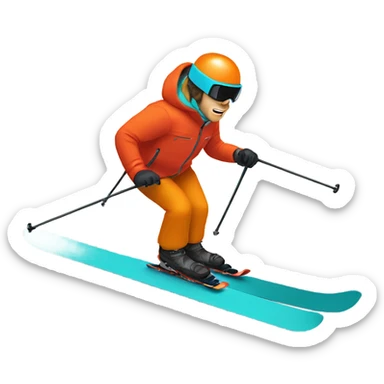 white man skiing wearing an ORANGE JACKET and a RED HELMET and wearing TURQUOISE PANTS sticker