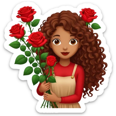Brown girl with long curly hair holding red roses  sticker