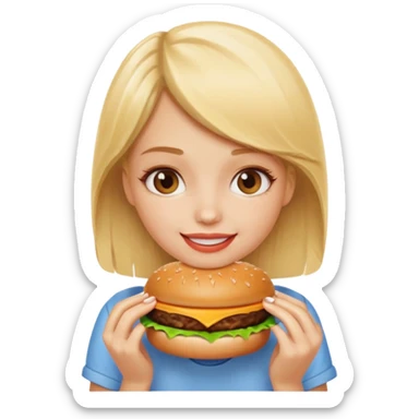 A blonde girl eating a burger sticker