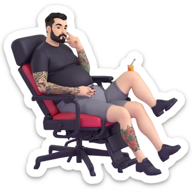 Large man reclining in chair, legs spread showing tattooed left calf, smoking a cigarette, round face, very short black hair, well-groomed beard with small mustache, light skin, black t-shirt with light stripes at top riding up to show belly, black shorts, arms and left calf covered in matching black graphic tattoo patterns sticker