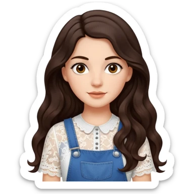 create an emoji of Sophie Sheridan in mamma Mia but with dark brown and a half part very long hair with waves and dark brown eyes. she wears a white lacy top and an overall sticker