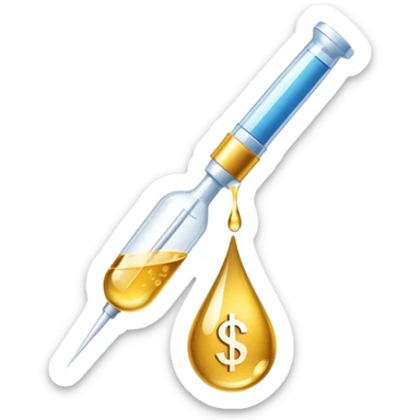 pipette above a shiny gold droplet, dollar sign visible inside the drop sticker