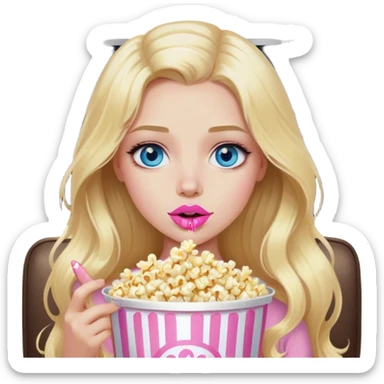 Cinematic realistic blonde with long hair, blue eyes and painted pink lips, watching TV and eating popcorn sticker