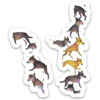  brindle brown black maroon gold lurcher Alsatian fox running blue eyes and iridescent holographic oilslick harness wearing paper iridescent tropical flower crown yellow caution tape sticker