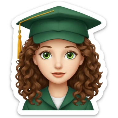 beautiful  woman with wavy-curly long brown hair and green eyes with school hat sticker