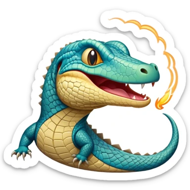 Cinematic Cute Yawning Monitor Lizard Portrait Emoji, Head tilted slightly with a dramatic, wide-open yawn, showcasing textured, patterned scales and sleepy, half-closed eyes exuding relaxed charm, Simplified yet irresistibly adorable features, highly detailed, glowing with a soft, cozy glow, high shine, relaxed yet expressive, stylized with a dash of whimsical wildness, soft glowing outline, capturing the essence of a drowsy yet affectionate reptile that appears ready to stretch out for a nap! sticker