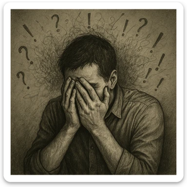 Realistic or illustrative style image of a 30-year-old man suffering from anxiety, inspired by the reference image. The man has his face in his hands with a desperate expression. The background shows graphic signs of chaotic thoughts, conveying an atmosphere of mental discomfort. sticker