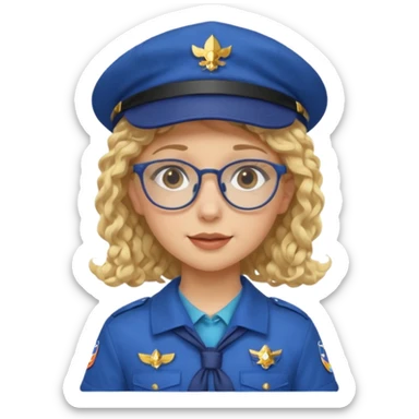 scout girl with blue scout uniform including hat, blonde curly haired and glassess sticker