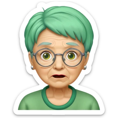 green haired grandma with wrinkles and glassess, surprised sticker