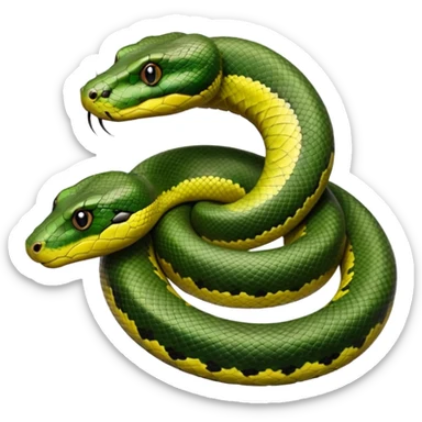 A photo-realistic top-down view of a Green Anaconda tightly coiled in a spiral, with its broad, flat head resting at the center. Its thick, muscular body is olive-green and covered in symmetrical, bold black oval spots that stand out against its smooth scales, creating striking natural camouflage. sticker