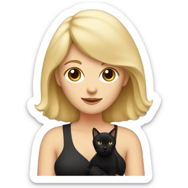 Blonde mom with bangs holding black cat with white chest sticker