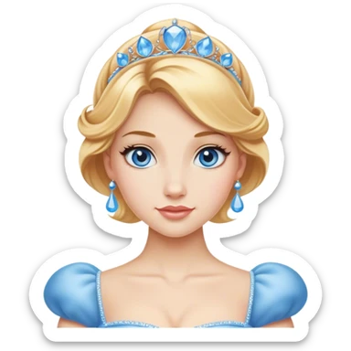 Cinematic Realistic Comical Cinderella Portrait, with every detail rendered realistically—from the soft, smooth texture of her fair skin to her artfully styled golden-blonde hair. Her bright blue eyes are wide with playful disbelief, and her expression carries a touch of whimsical humor while retaining elegant poise. Her classic ball gown, detailed with rich fabric textures and natural shadows, catches the light in a way that blends refined beauty with a hint of cheeky mischief, creating a striking, lifelike portrayal. sticker