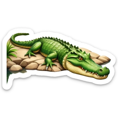 A large crocodile resting on a riverbank, part of its body in water, realistic scales and reflections, natural sunlight. sticker