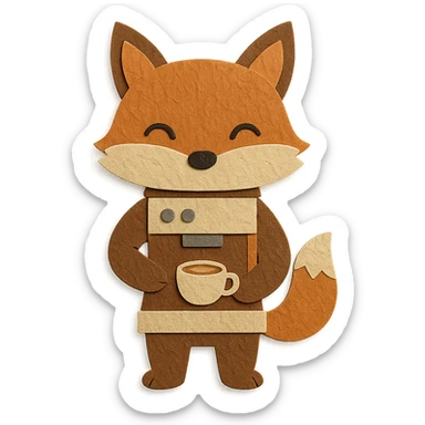 brown and beige coffee maker fox holding a tiny latte cup, soft pastel, full-body sticker