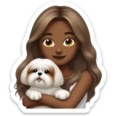 Brown skin girl long hair, hugging her white Shih tzu sticker