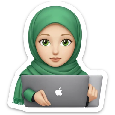 blond women skine , with green eyes , with scarf hijab . with macbook sticker