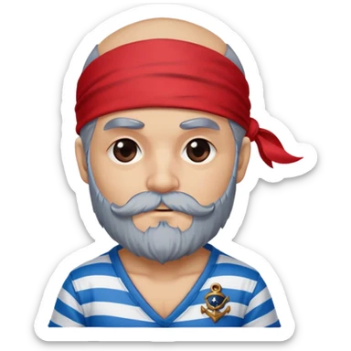 A cute pirate first mate, red bandana, eye patch, blue striped shirt, grey beard, logo sticker