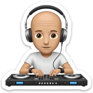 White dj mixing with dj booth, headphone on head, no cap, not bald,  sticker