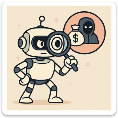 vigilant robot mascot with a magnifying glass scanning for suspicious activity symbolizing anti-money laundering and anti-terrorism efforts in a clean tech-inspired style sticker