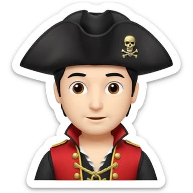 Captain Feathersword of The Wiggles with light skin, brown eyes, black hair, black pirate hat, white pirate shirt with red vest sticker