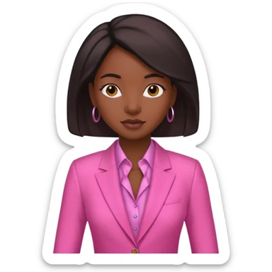 Darkskin black woman wearing a pink suit with a silk press sticker