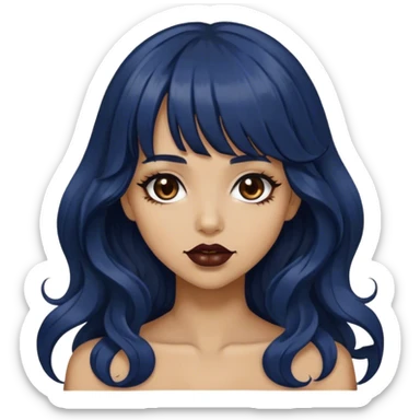 tan girl with very long dark blue wavy hair, bangs, brown lipstick and dark brown eyes  sticker