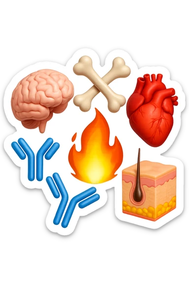 EMOJI STILE IPHONE 3D DI cervello, ossa, cuore, porzione di epidermide e cellule di anticorpi che girano in tondo, al centro di questi elementi c'è una fiamma 3d  FALLO MOLTO REALISTICO IN 3D sticker