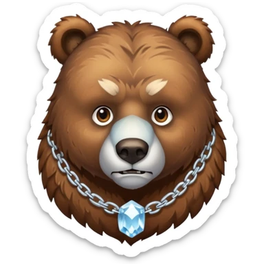 Fierce brown bear walking on four paws with an ice chain necklace, frozen chain links made of crystal clear ice, serious face sticker