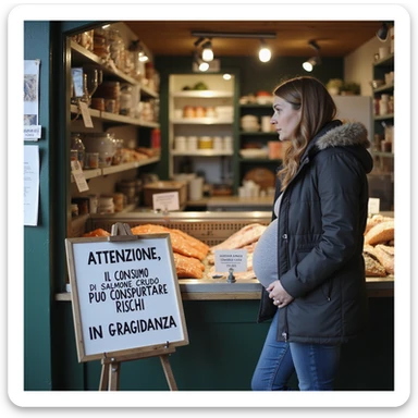 realistic pregnant woman in 4K talking to a fishmonger in front of a sign that says: 'Attenzione, il consumo di salmone crudo puo comportare rischi in gravidanza' sticker