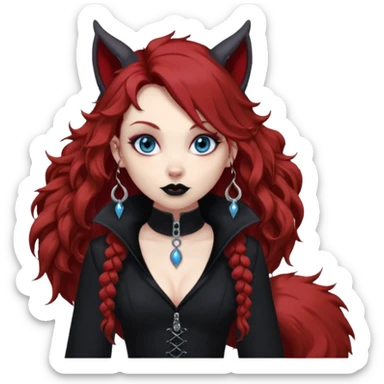  long curly red hair (darker), red pointed ears with black trim, black goth outfits, body and face human, blue eyes, more pointy chin, black lipstick, big fluffy red squirrel tail with black tips, like the attached photo with more outfits and poses,  sticker
