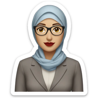 Hijabi white woman with glasses and brown eyes wearing a blue suit and red lipstick sticker