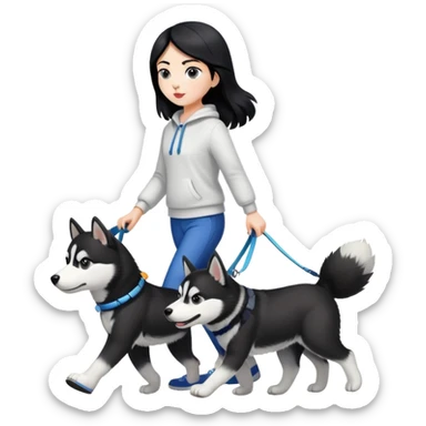 A black-haired girl walking a black and white husky sticker