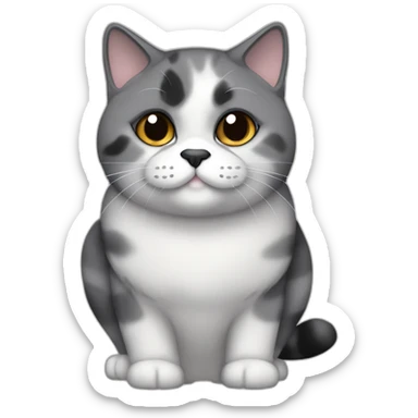 senior chubby diluted calico cat, grey chin, black nose, grey ears, grey and white sticker