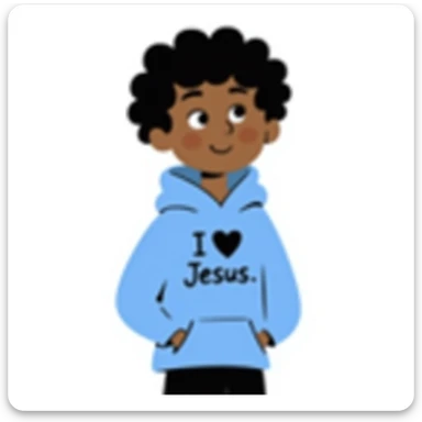 girl with dark skin, short curly dark brown hair, blue hoodie with 'I heart Jesus' on it sticker