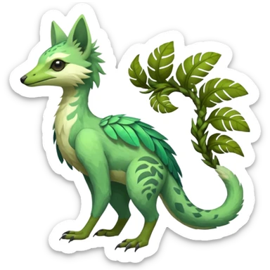  Tropical feathery shamanic cultural Greenish beautiful handsome gorgeous aesthetic colorful vibrant Vernid-Trico-species-Fakemon-creature by LiLaiRa, 4 legs, 1 tail, random markings, (full body) sticker