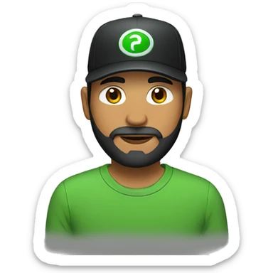 brown man with a dark beard, dark eyes, green t-shirt and a black cap sticker