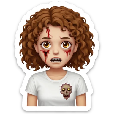 Zombie girl with curly brown hair como emoji de iphone y con la boca un poco lastimada haz que tenga una simple remera blanca puesta sticker