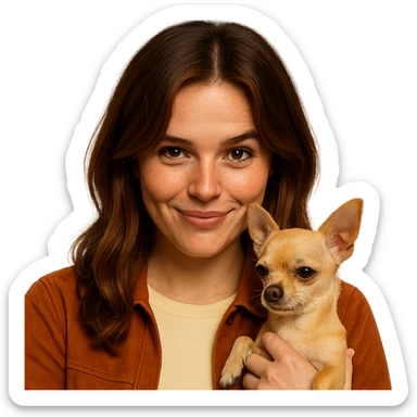 Portrait centered for Instagram profile picture, inspired by the facial features visible in the reference images, with tanned skin and subtle freckles, wearing a shirt color #FFF8CA and a rust-colored jacket, medium-length brown hair with auburn highlights, playful and teasing expression, holding a beige-brown chihuahua, Netflix series style, transparent background, intimate Tenerife ambiance. sticker