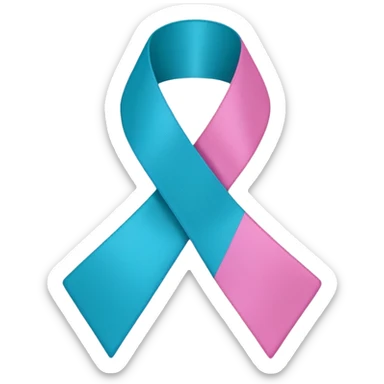 Thyroid cancer ribbon which has a blue strand, a pink strand and teal at the top where the ribbon crossed over sticker