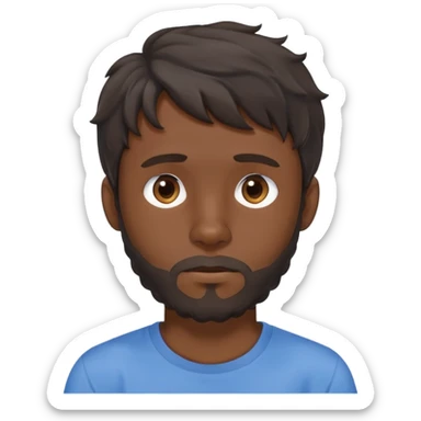Man with longer dark brown wavy hair past ears with wavy bangs, short beard covering whole face, neutral expression, basic blue t-shirt sticker