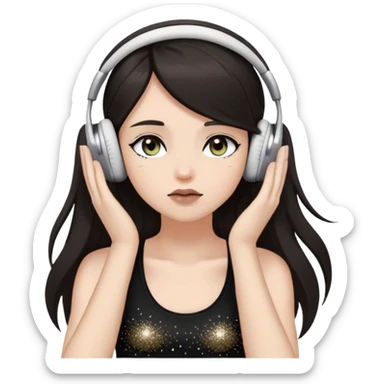 Girl with long dark hair, fair skin tone, wearing a black tank top, has glitter on her eyelids, and taupe lipstick, wearing white headphones, her hands are on her ears, and her hazel eyes are slightly close sticker