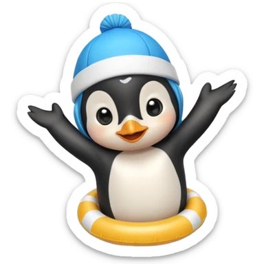 A cheerful penguin swimmer in swim cap, doing a playful backstroke with water rings popping around full body chibi cute
 sticker