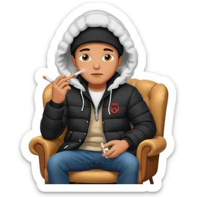 A man sitting on a chair, wearing a black puffed coat with hood, hands in his pocket, smoking a cigaret, he is on a chair i sticker